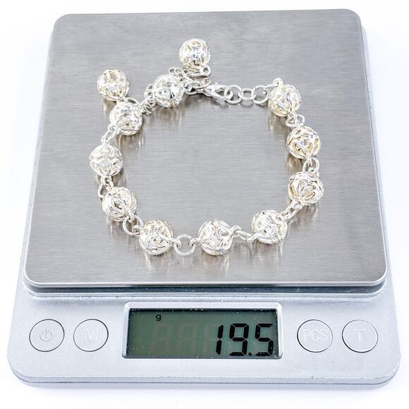 Estate Sterling Silver 925 Filigree Ball Link Bracelet 7.5” - Picture 6 of 6